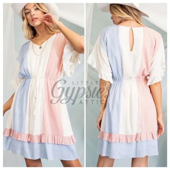 Farmhouse Kimono Sleeve Color Block Dress - Picture 4 of 12